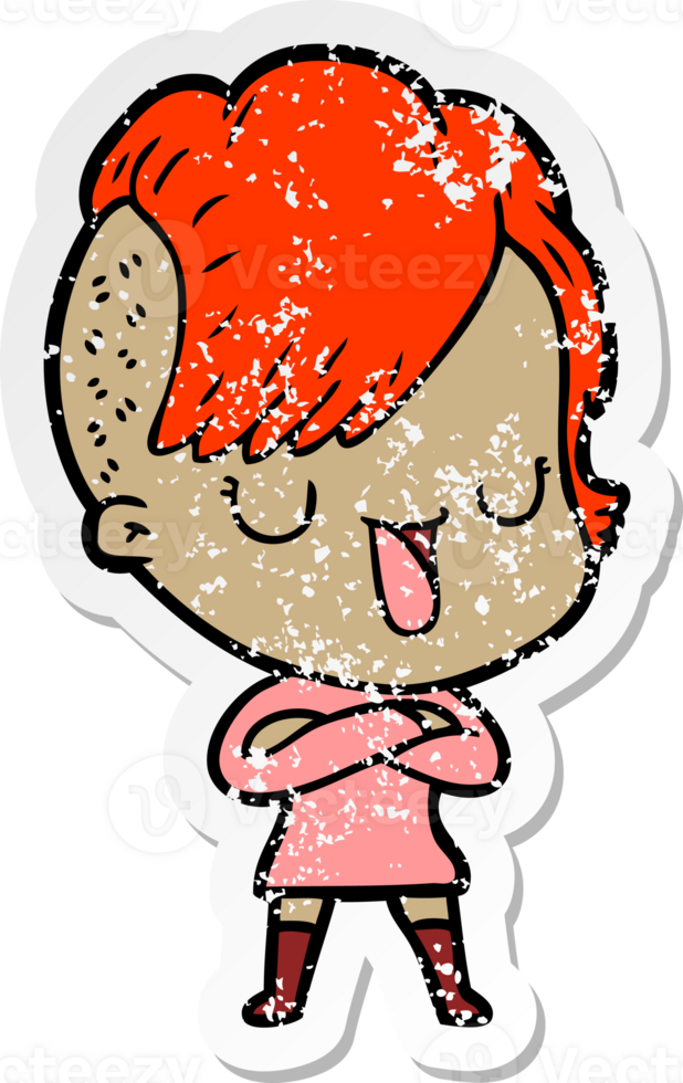 distressed sticker of a cute cartoon girl with hipster haircut png