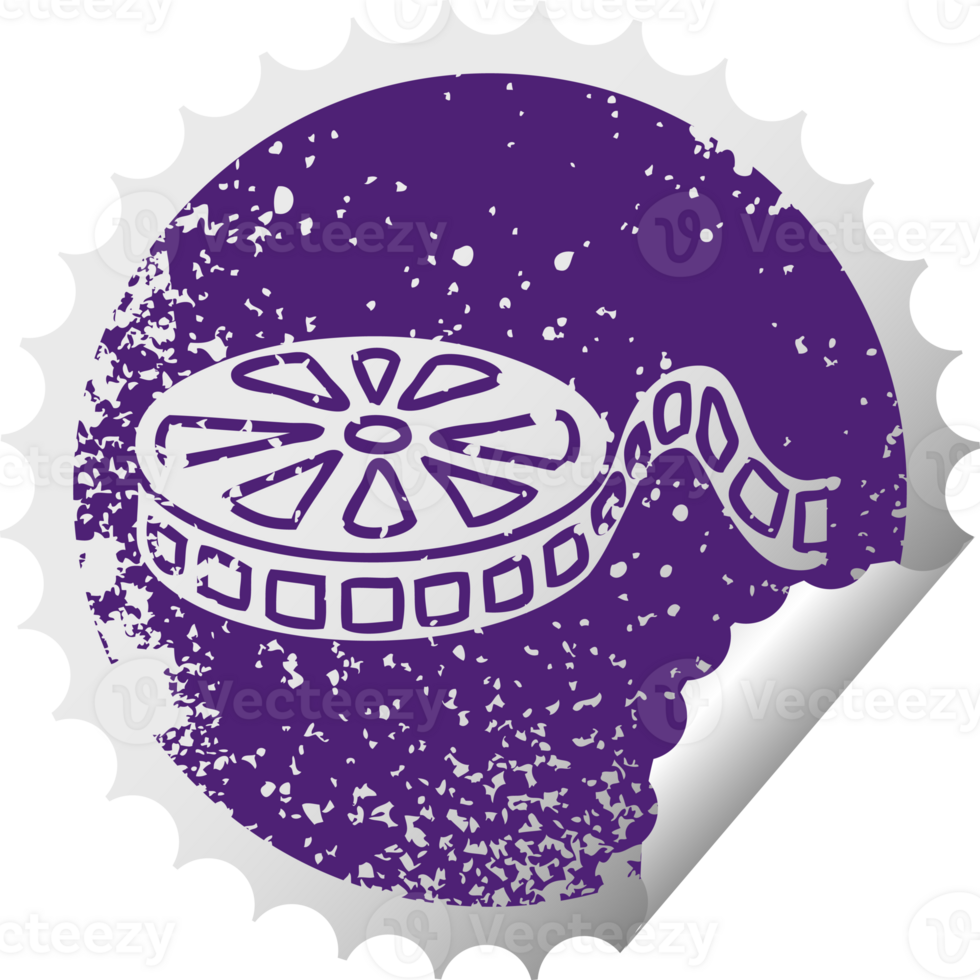 distressed circular peeling sticker symbol of a film reel png