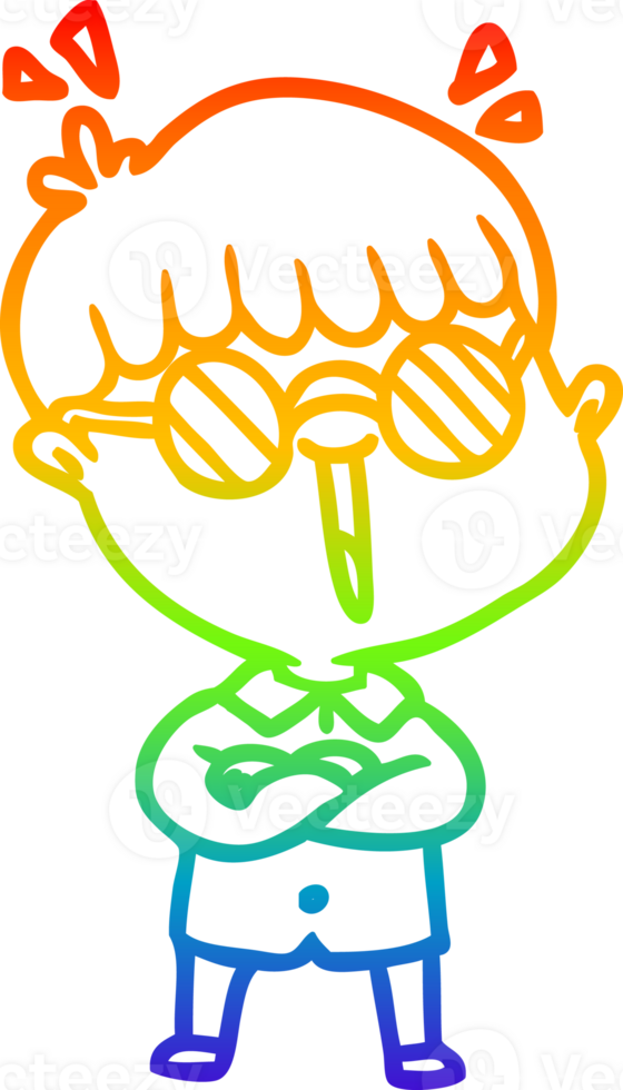rainbow gradient line drawing of a cartoon boy wearing spectacles png