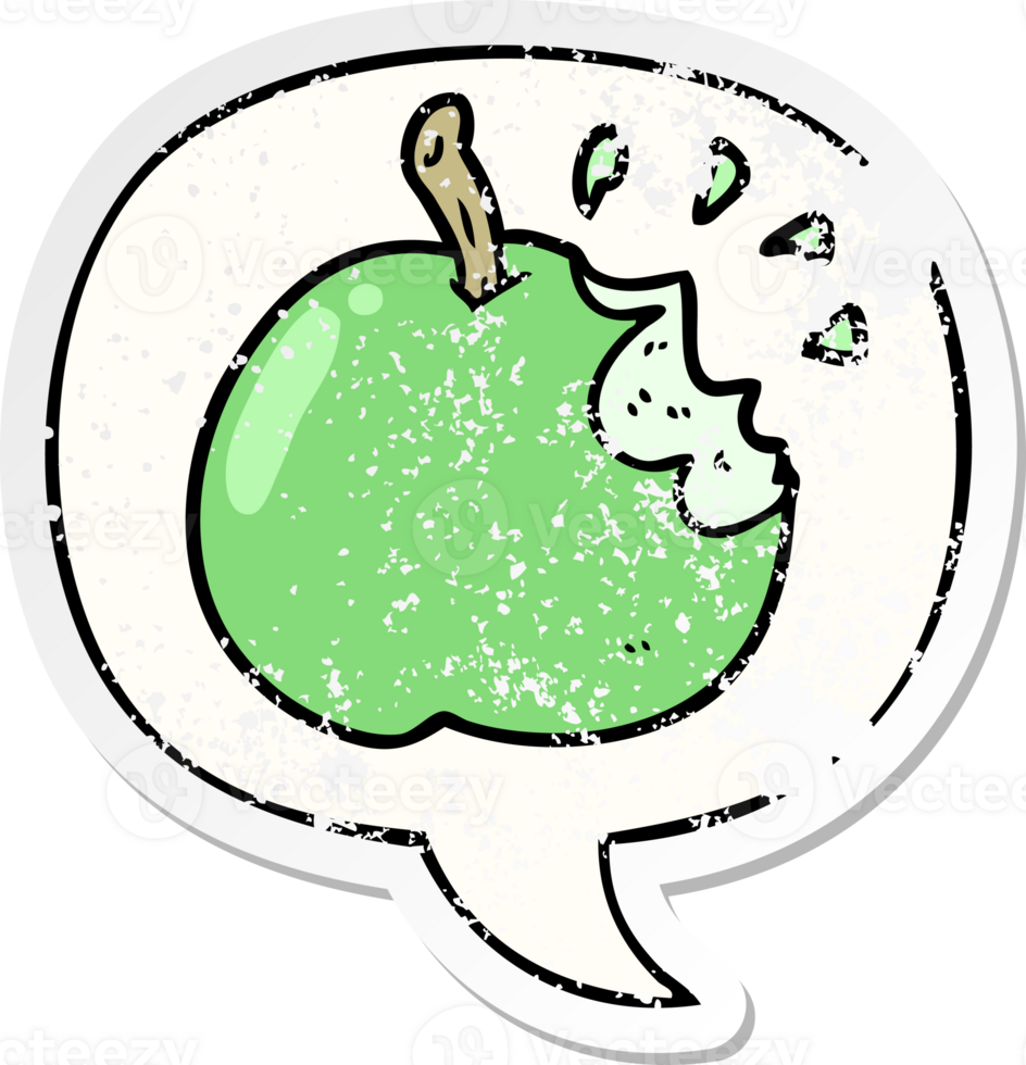 cartoon fresh bitten apple with speech bubble distressed distressed old sticker png