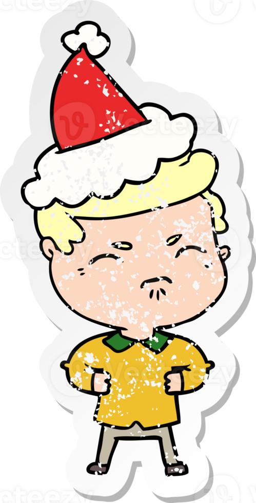 hand drawn distressed sticker cartoon of a annoyed man wearing santa hat png