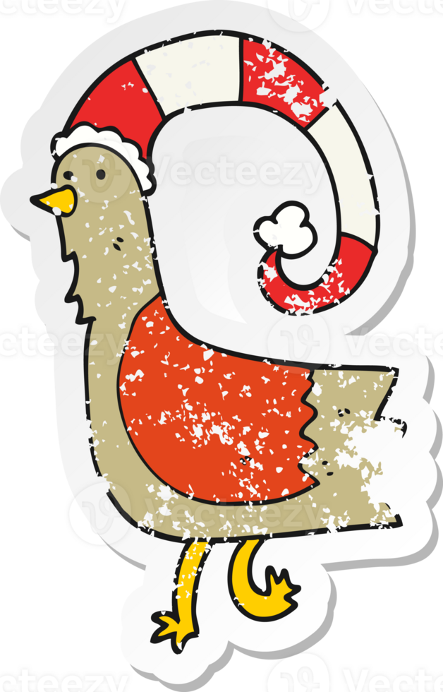 distressed sticker of a cartoon chicken in funny christmas hat png