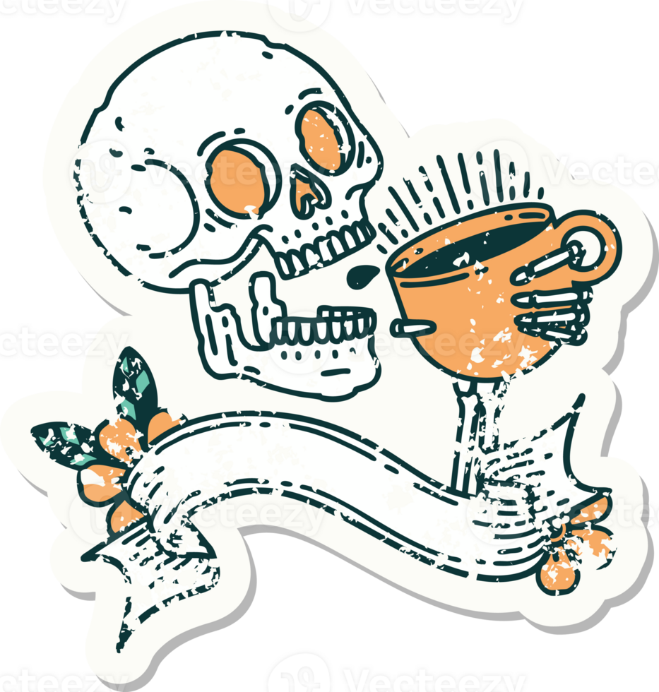 worn old sticker with banner of a skull drinking coffee png