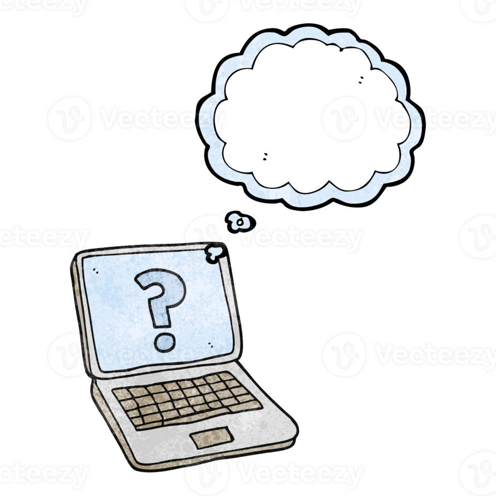 drawn thought bubble textured cartoon laptop computer with question mark png