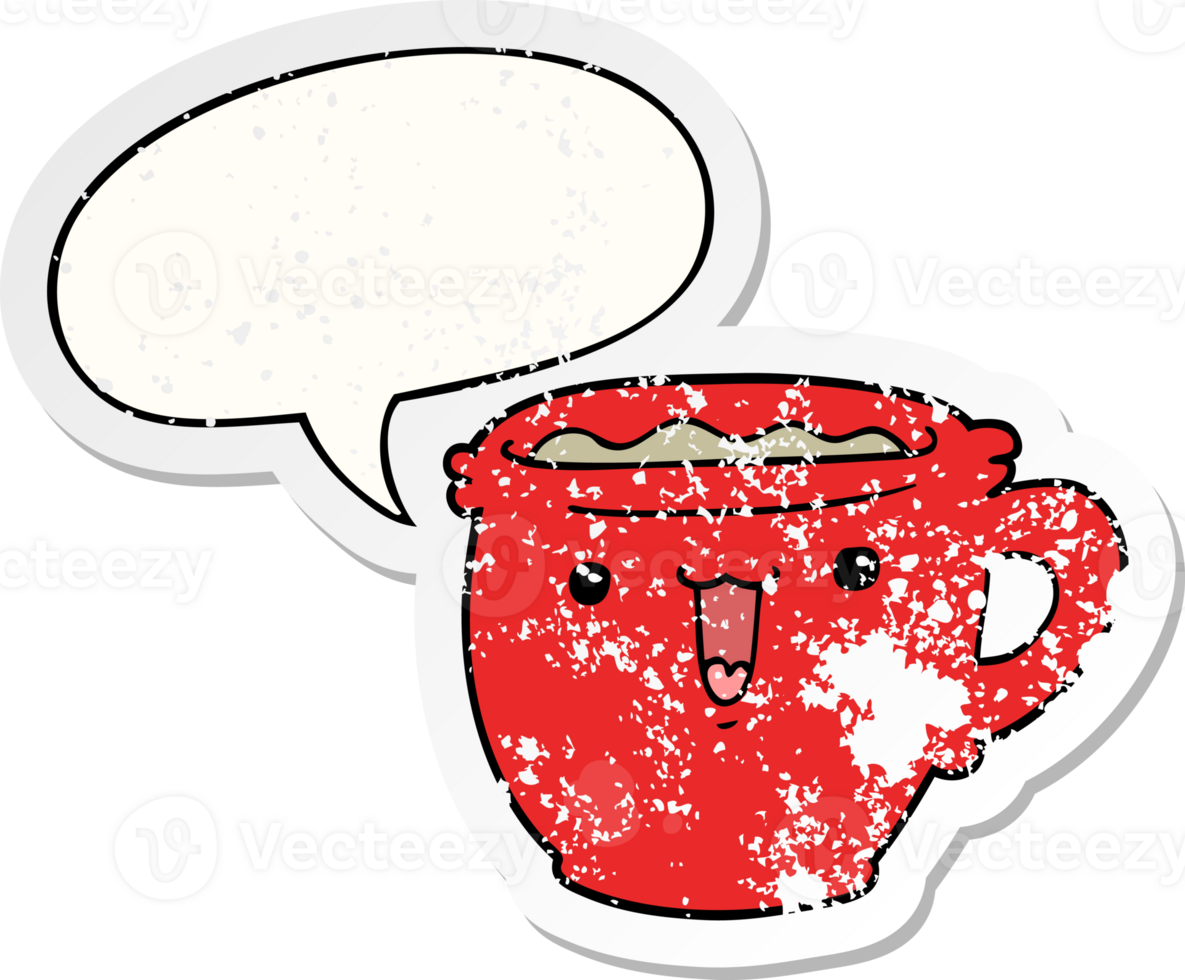 cute cartoon coffee cup with speech bubble distressed distressed old sticker png