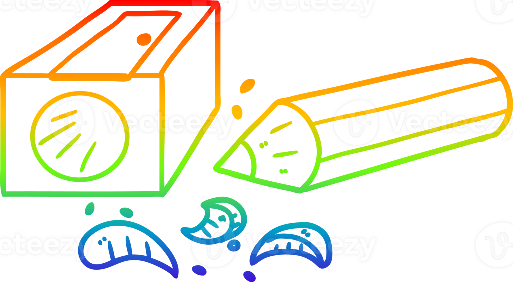 rainbow gradient line drawing of a cartoon pencil and sharpener png