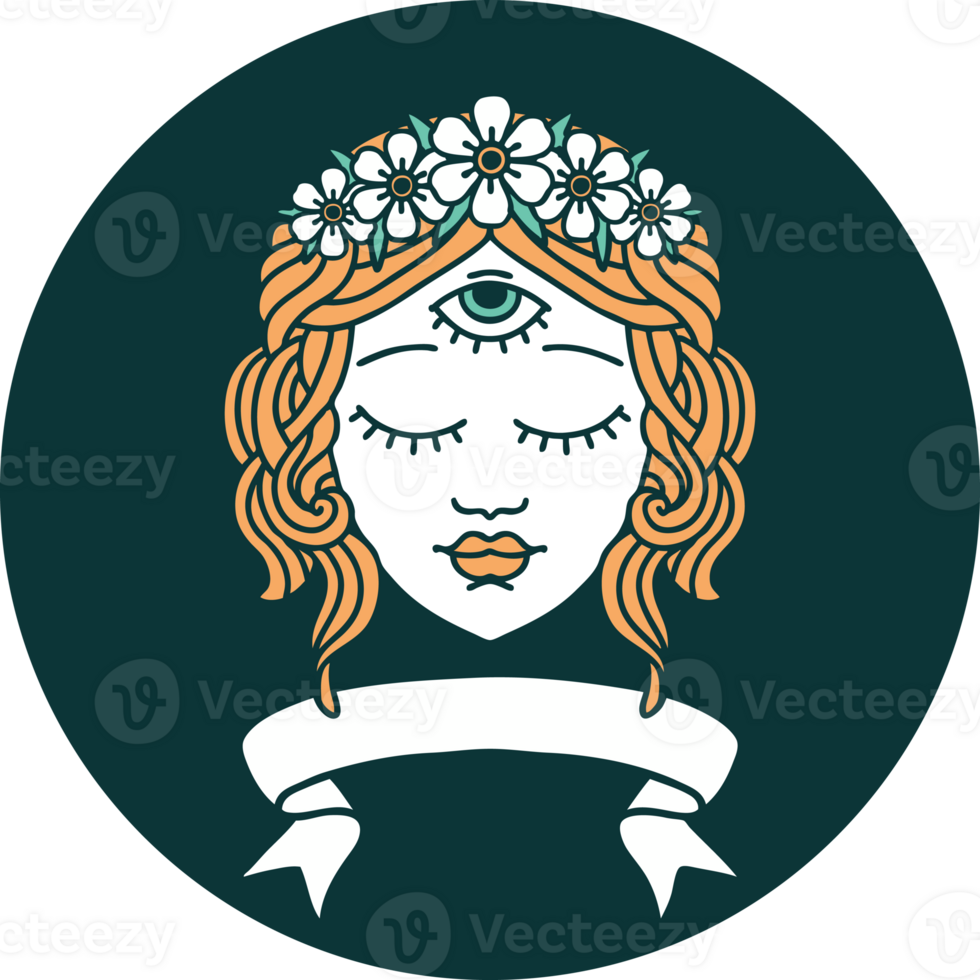 tattoo style icon with banner of female face with third eye and crown of flowers png