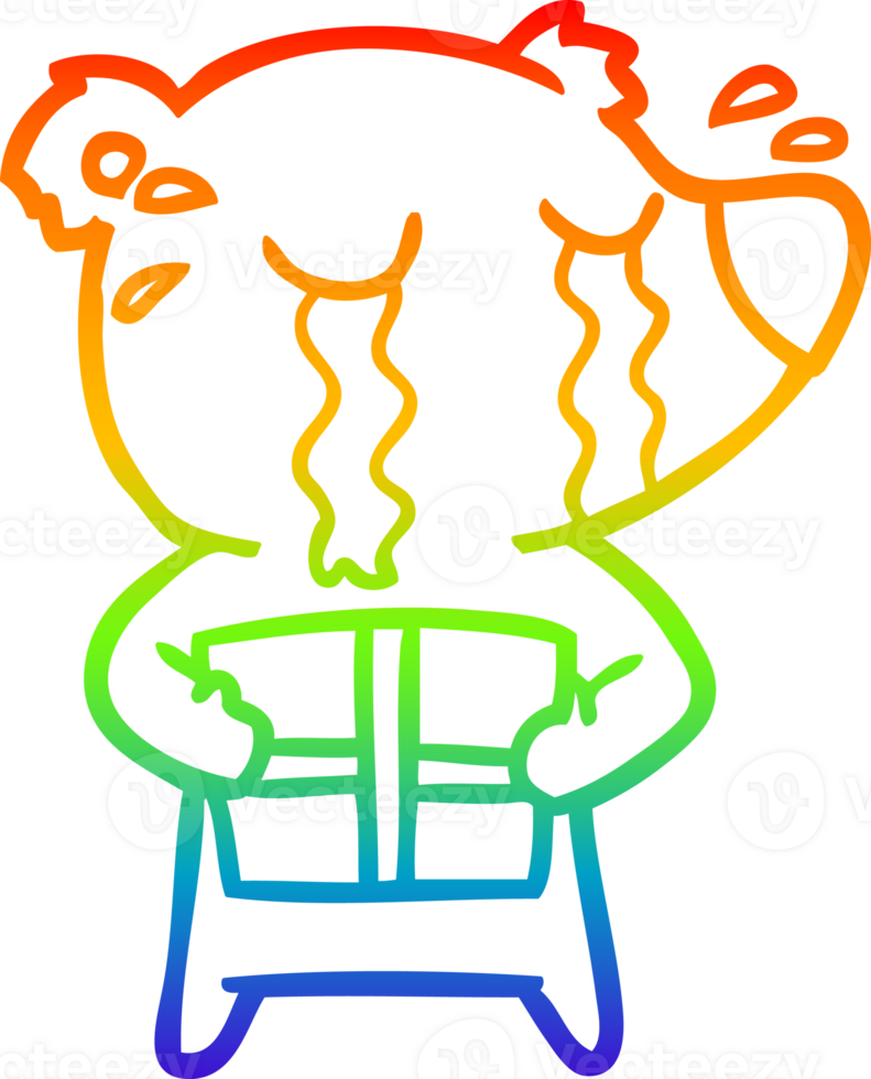 rainbow gradient line drawing of a cartoon crying bear with present png