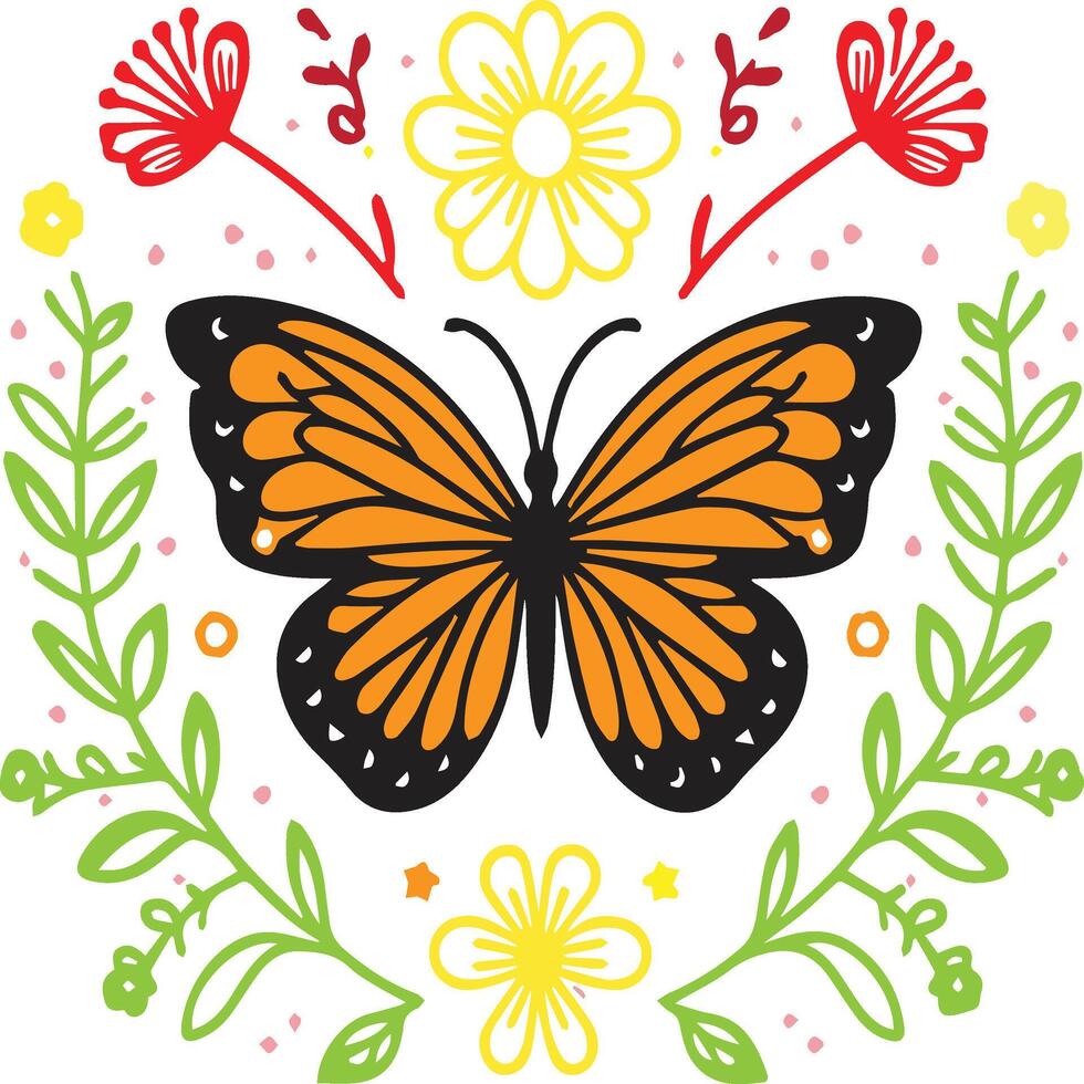 vibrant monarch butterfly with floral and fauna aacent vector