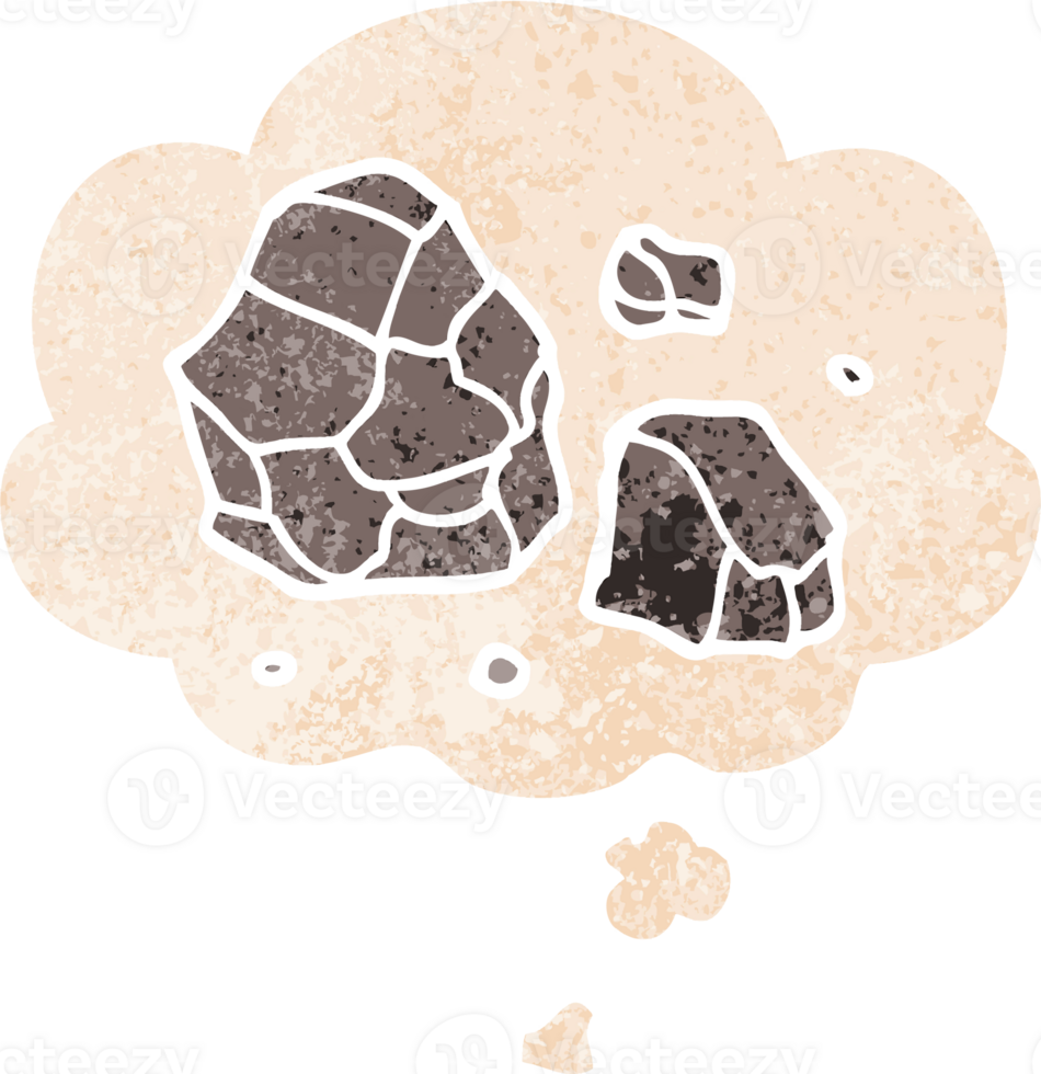 cartoon rocks with thought bubble in grunge distressed retro textured style png