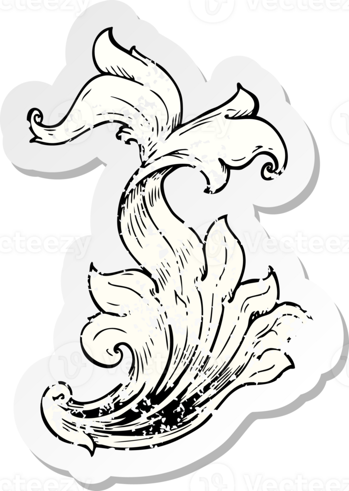 retro distressed sticker of a traditional hand drawn floral swirl png