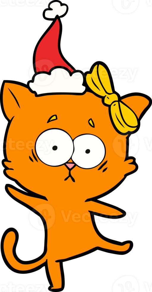 hand drawn line drawing of a cat wearing santa hat png