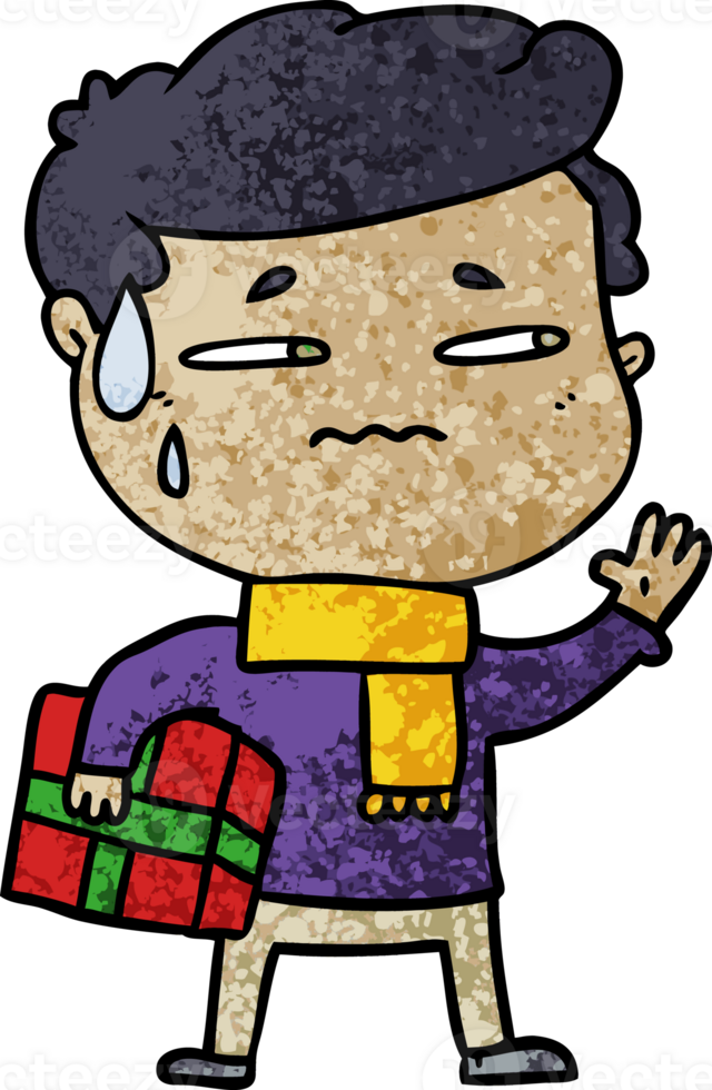 cartoon anxious man with christmas gift png