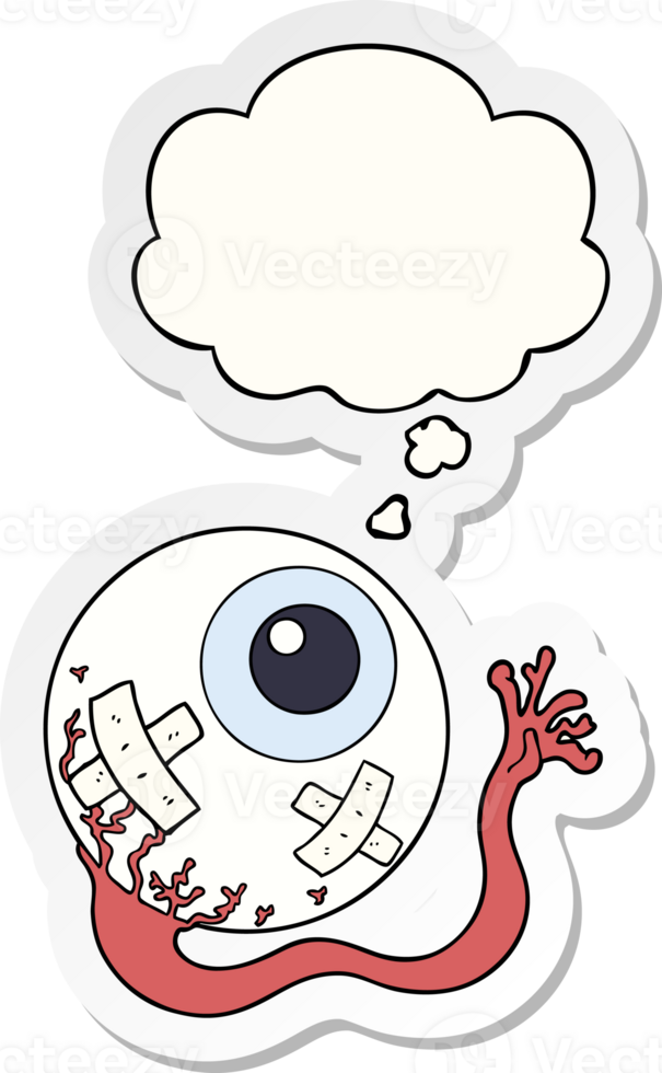 cartoon injured eyeball with thought bubble as a printed sticker png