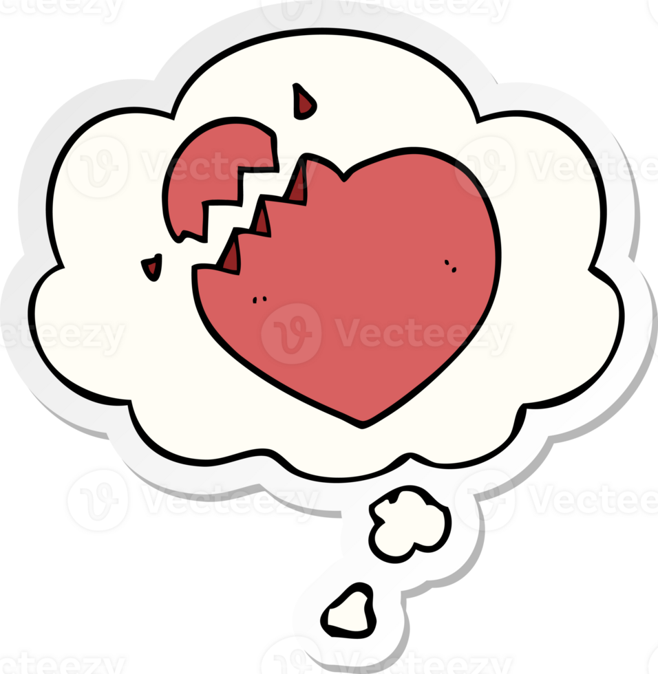 cartoon broken heart with thought bubble as a printed sticker png
