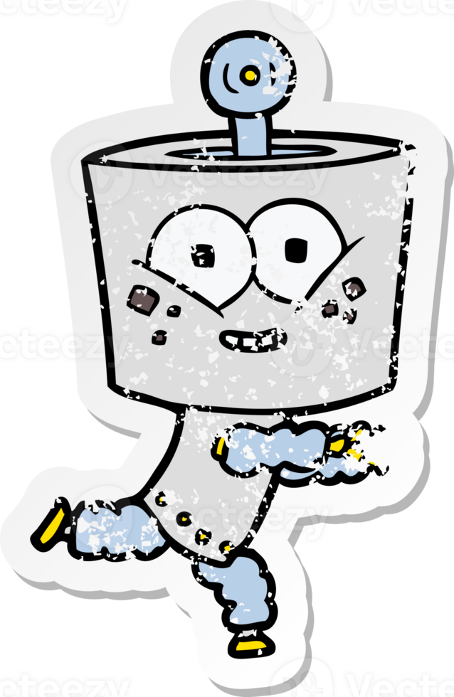 distressed sticker of a happy cartoon robot png