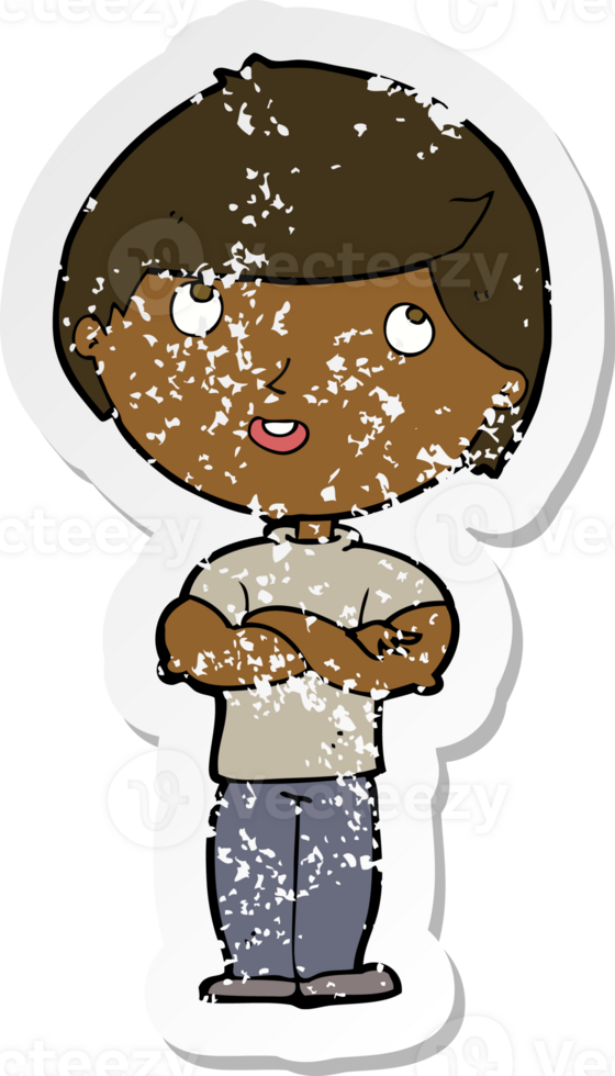 retro distressed sticker of a cartoon happy man with folded arm png
