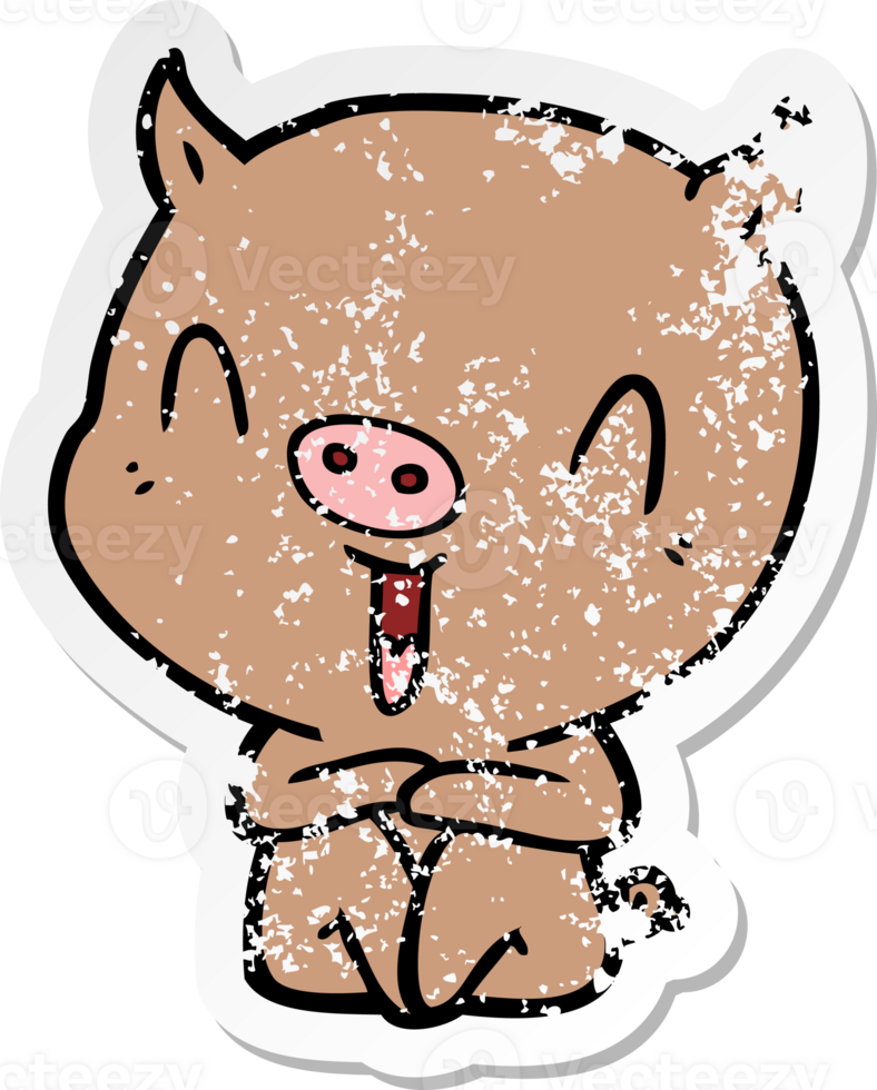 distressed sticker of a happy cartoon sitting pig png