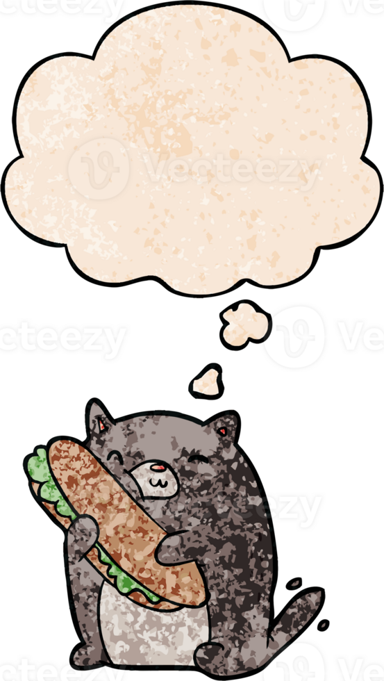 cartoon cat with sandwich with thought bubble in grunge texture style png