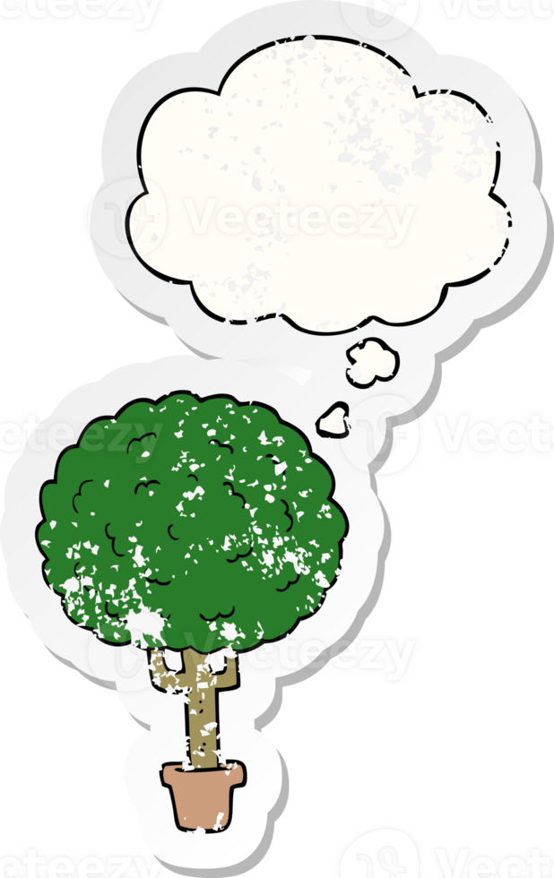 cartoon tree with thought bubble as a distressed worn sticker png
