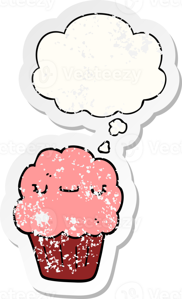 cartoon muffin with thought bubble as a distressed worn sticker png