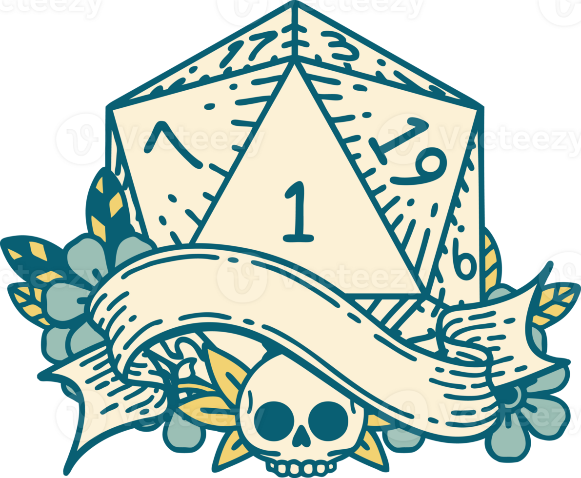 Retro Tattoo Style natural one d20 dice roll png