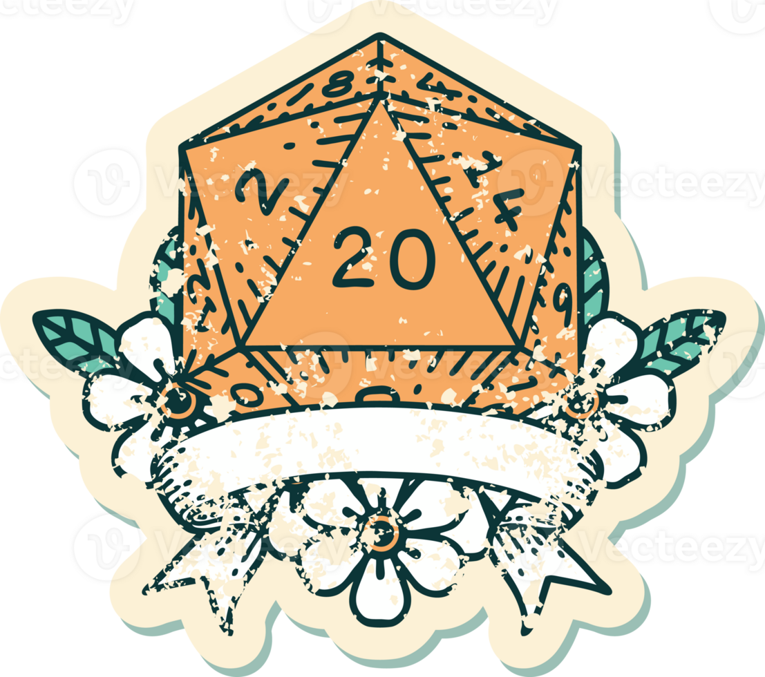 Retro Tattoo Style natural 20 critical hit D20 dice roll png