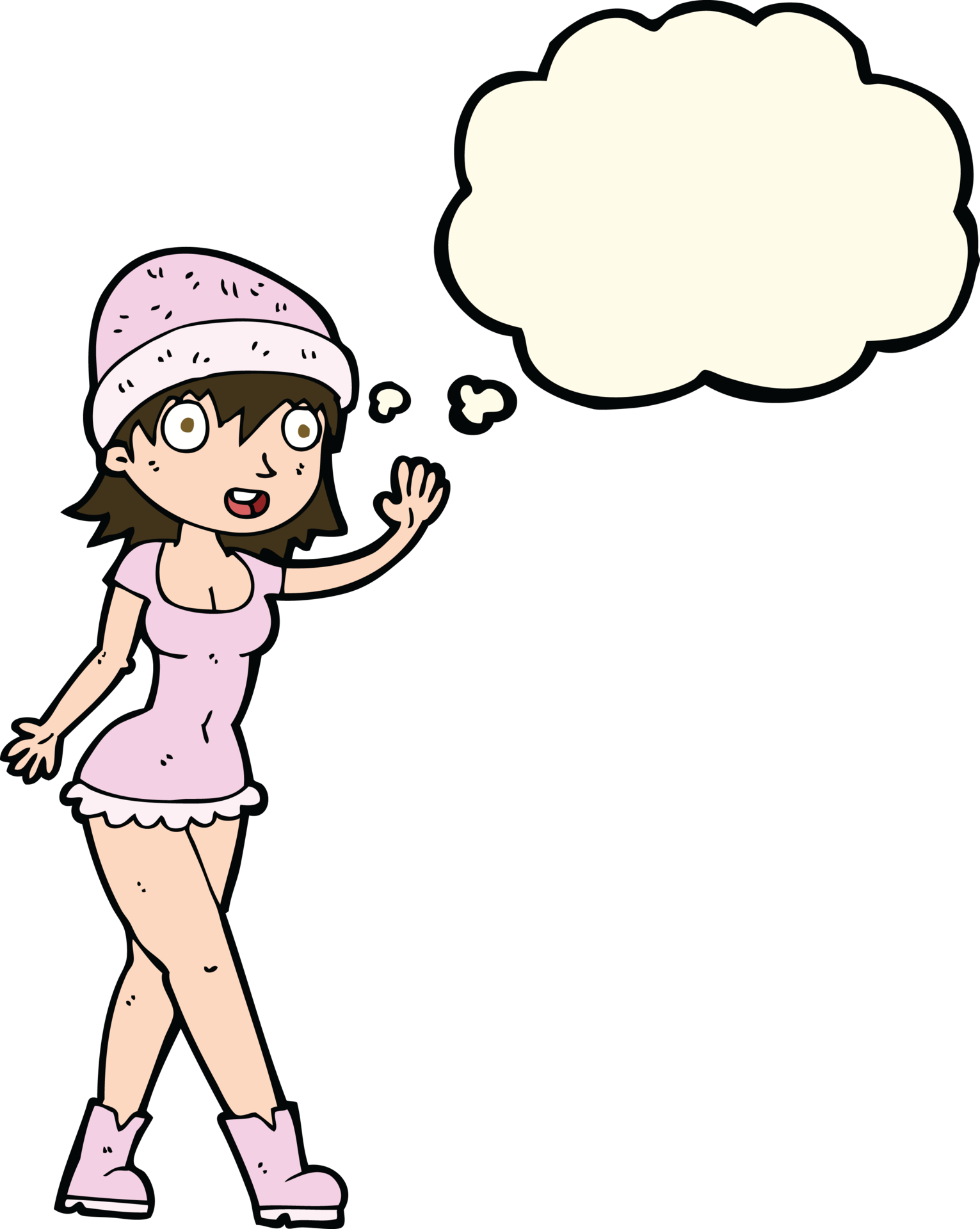 cartoon-pretty-girl-in-hat-waving-with-thought-bubble-45037669-png