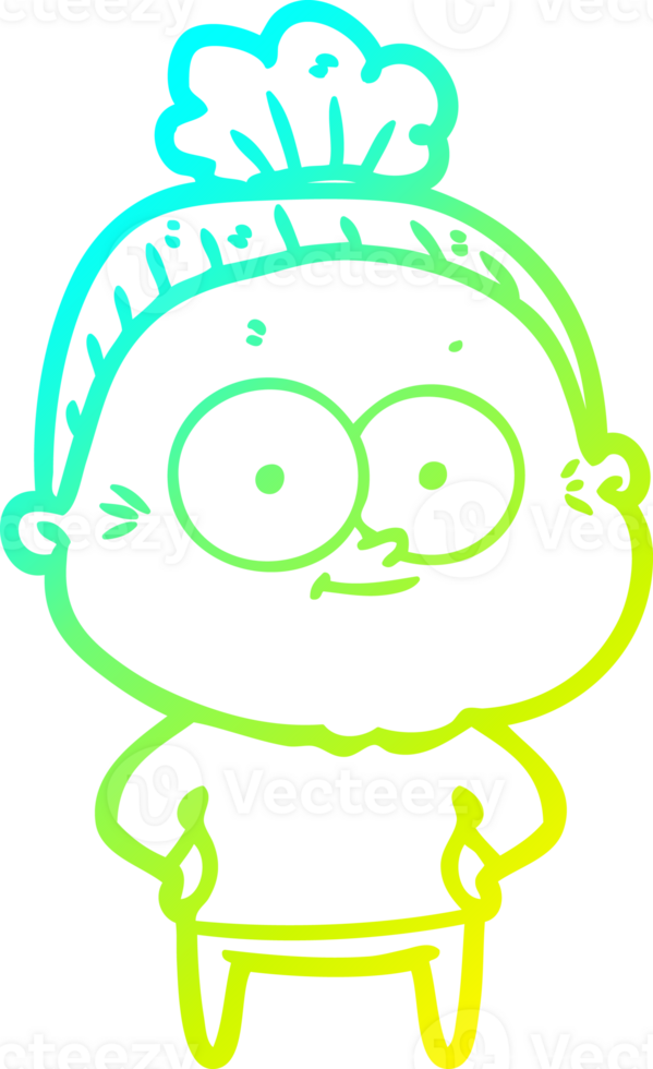 cold gradient line drawing of a cartoon happy old woman png