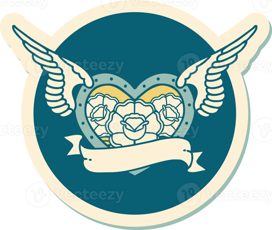 sticker of tattoo in traditional style of a flying heart with flowers and banner png