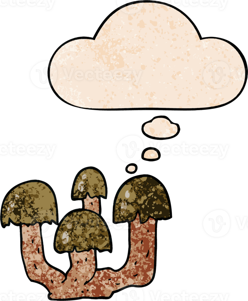 cartoon mushrooms with thought bubble in grunge texture style png