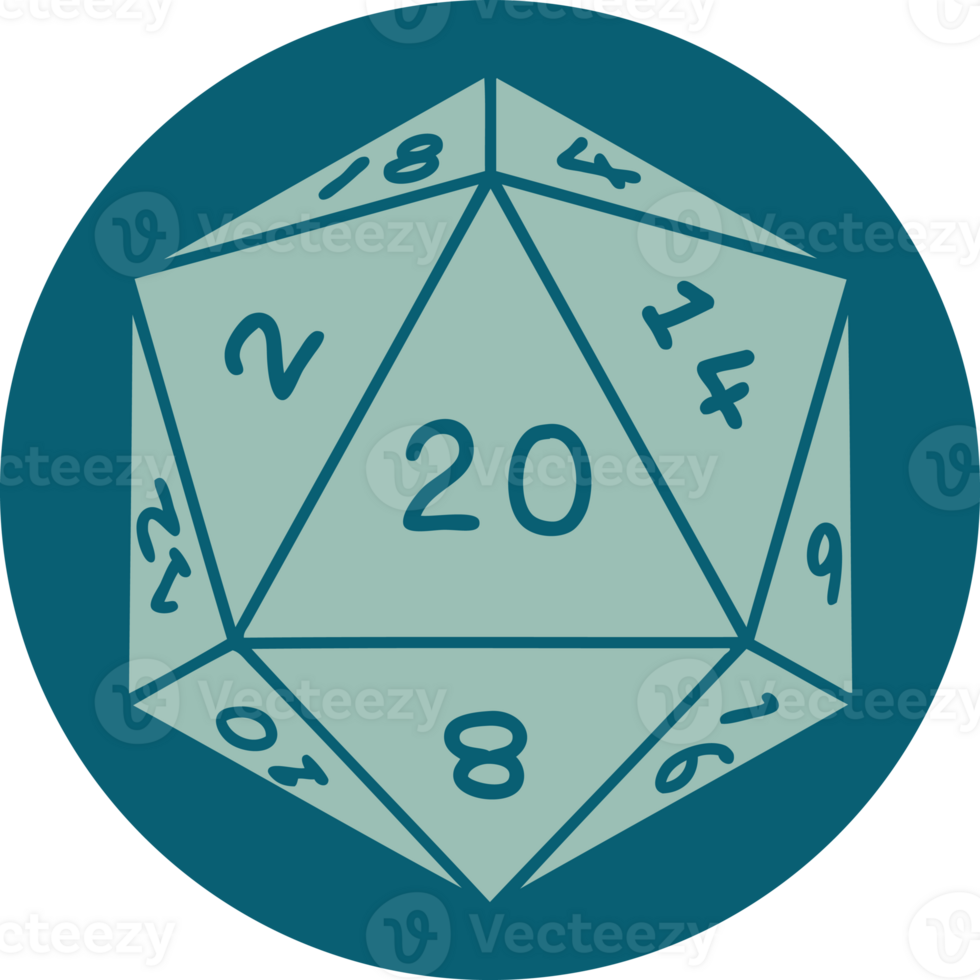 Retro Tattoo Style natural 20 D20 dice roll png