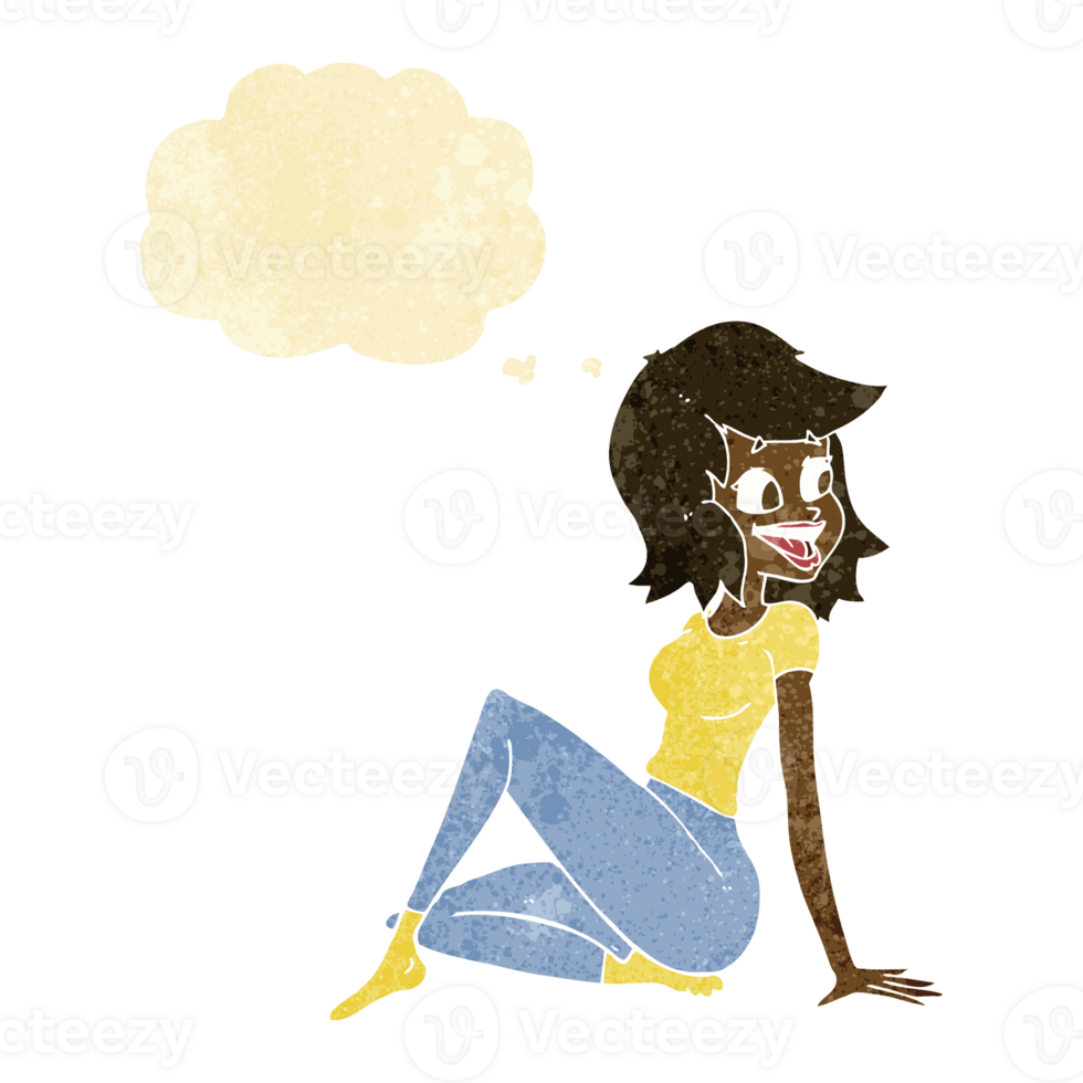 cartoon pretty woman looking happy with thought bubble png