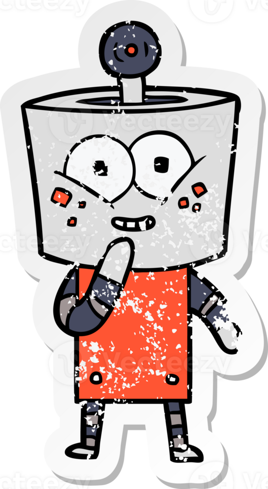 distressed sticker of a happy cartoon robot giggling png
