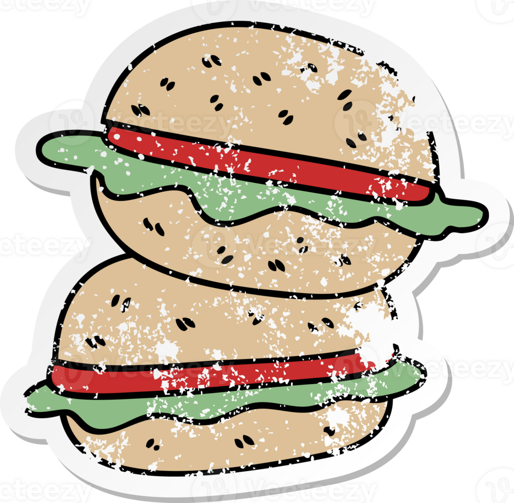 distressed sticker of a quirky hand drawn cartoon veggie burger png