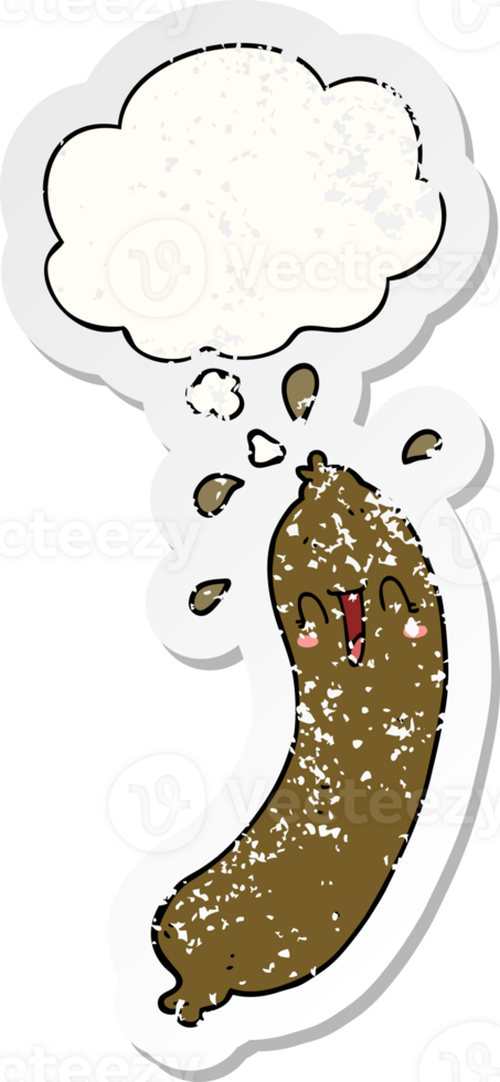 happy cartoon sausage with thought bubble as a distressed worn sticker png