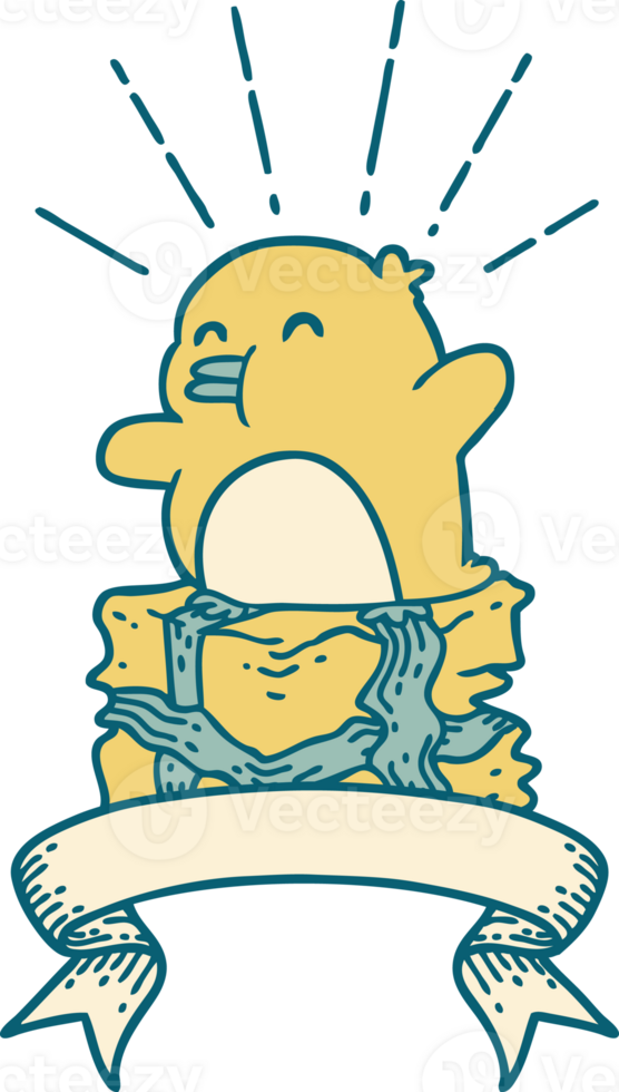 scroll banner with tattoo style penguin sitting on present png