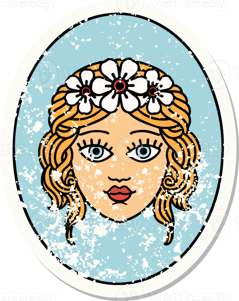 distressed sticker tattoo in traditional style of a maiden with crown of flowers png
