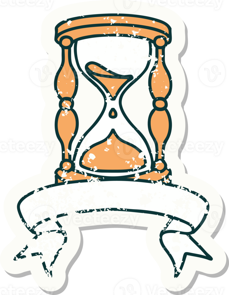worn old sticker with banner of an hour glass png