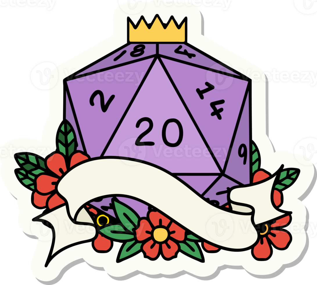 sticker of a natural twenty D20 dice roll png