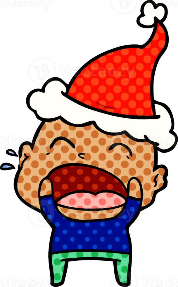 hand drawn comic book style illustration of a shouting bald man wearing santa hat png