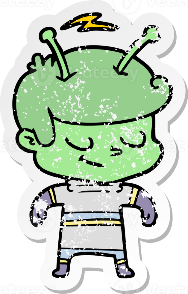 distressed sticker of a friendly cartoon spaceman png