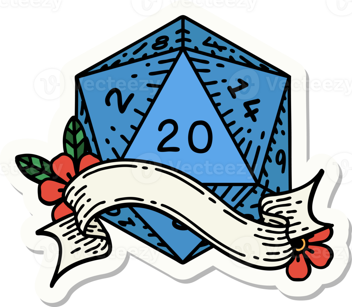 sticker of a natural twenty D20 dice roll png