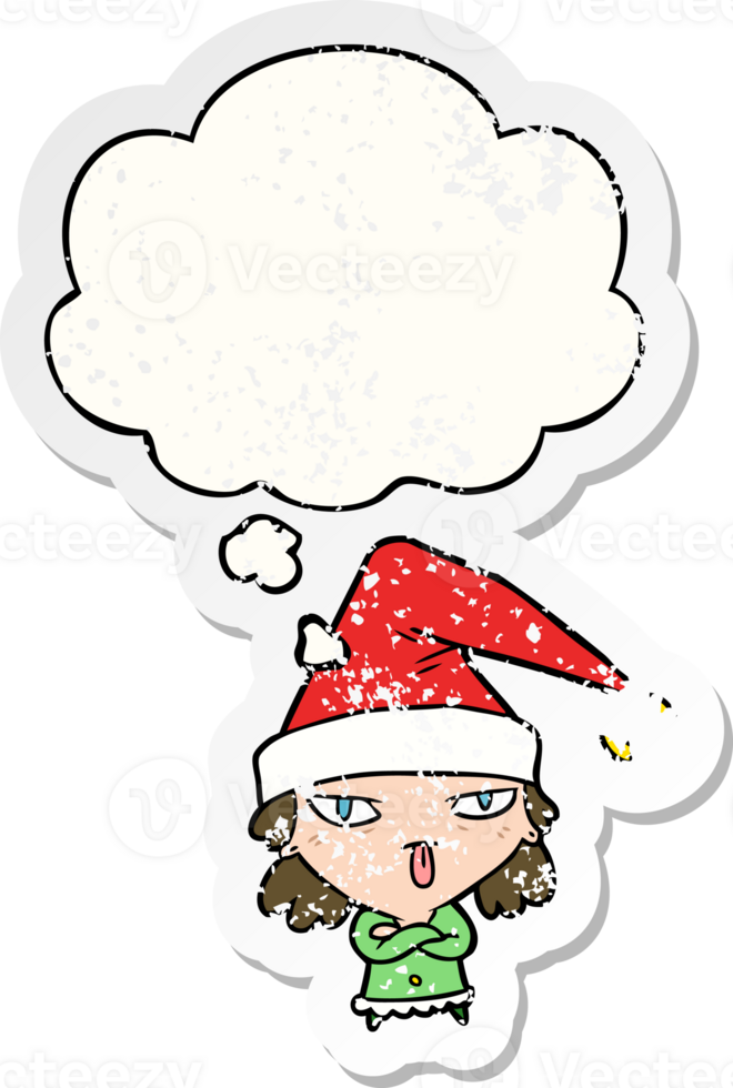 cartoon girl wearing christmas hat with thought bubble as a distressed worn sticker png