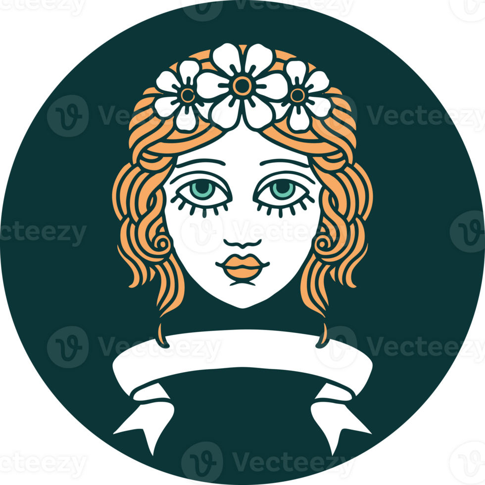 tattoo style icon with banner of female face with crown of flowers png