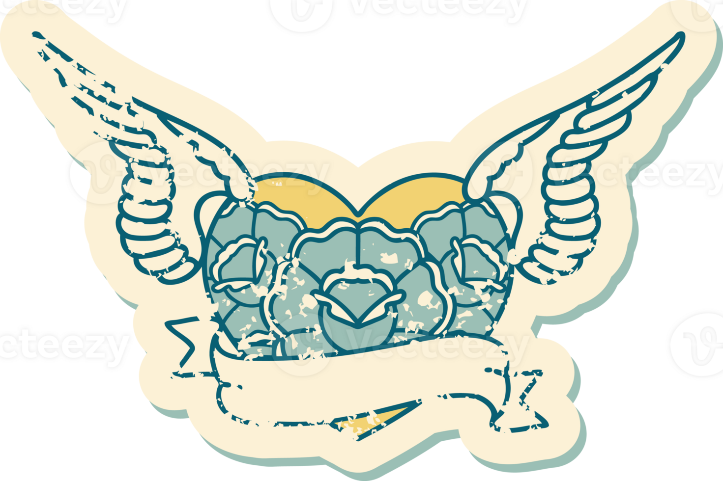 iconic distressed sticker tattoo style image of a flying heart with flowers and banner png