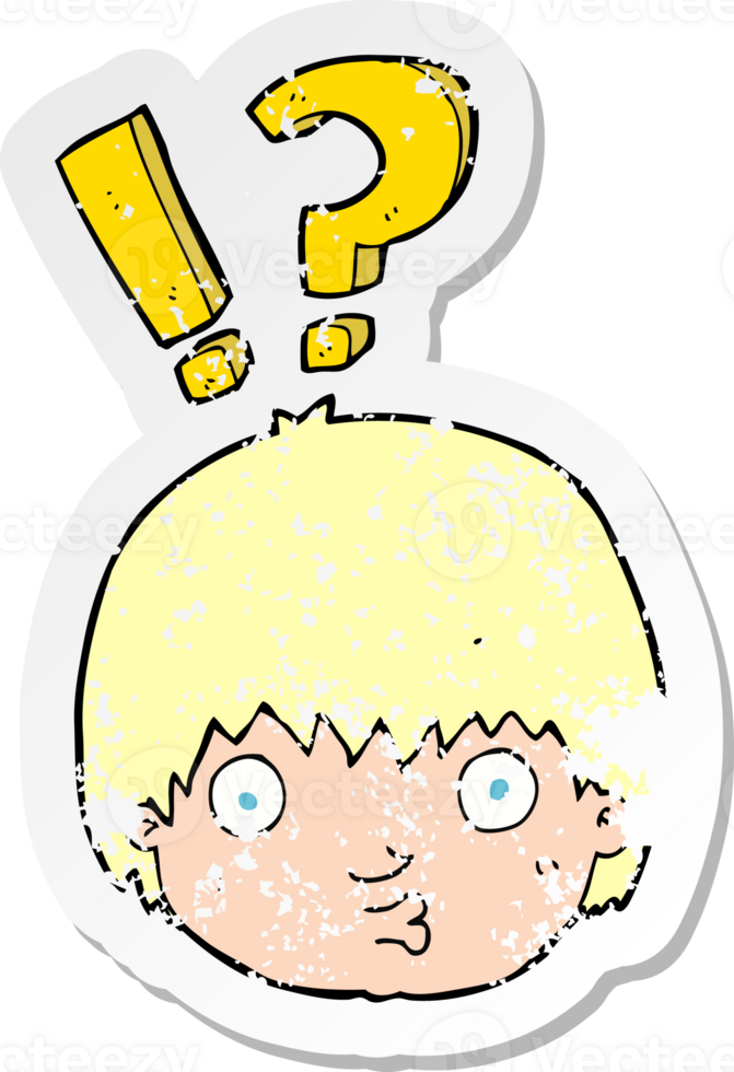 retro distressed sticker of a cartoon curious face png