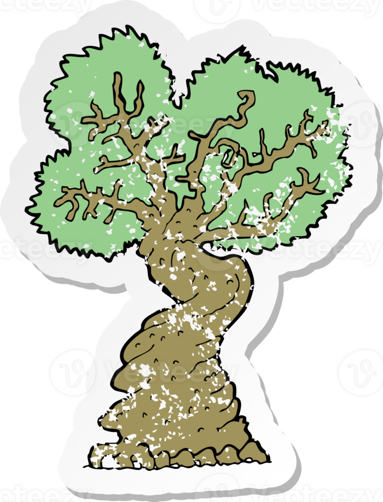retro distressed sticker of a cartoon big old tree png