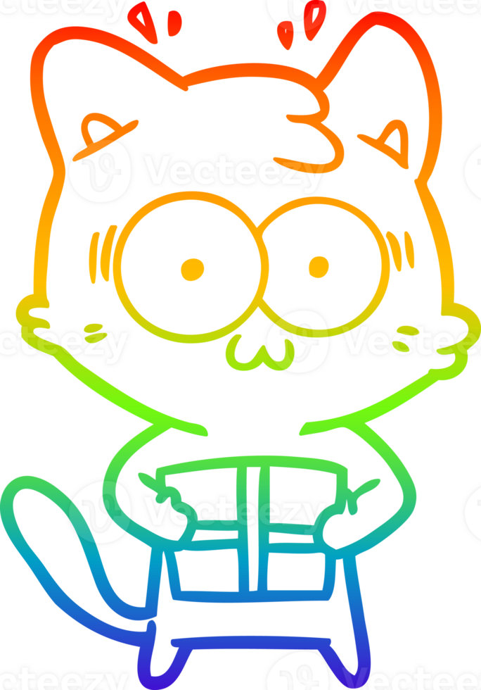 rainbow gradient line drawing of a cartoon surprised cat with christmas present png