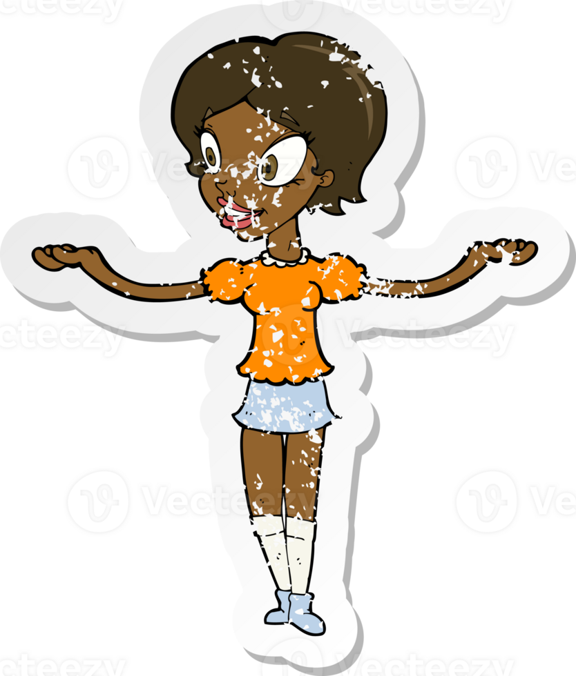 retro distressed sticker of a cartoon woman with arms spread wide png